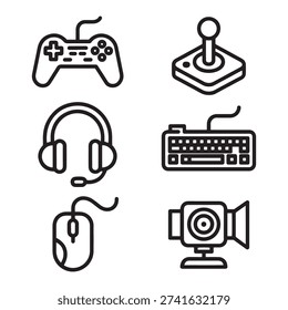 gaming accessories and computer peripherals line icon set