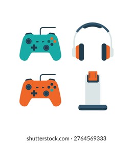 Gaming accessories including controllers, headset, and console stand