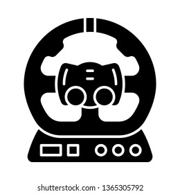 Gaming accessory glyph icon. PC steering wheel. Esports device. Gadget for driving simulation game. Racing. Silhouette symbol. Negative space. Vector isolated illustration