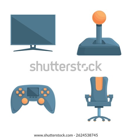 Gaming accessory icons set cartoon vector. Professional gaming equipment. Pastime, hobby
