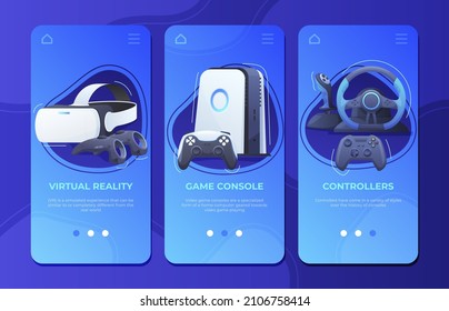 Gaming accessory landing page vertical GUI screen collection vector flat illustration. Internet store homepage design virtual reality console playing. Computer video games shop mobile application