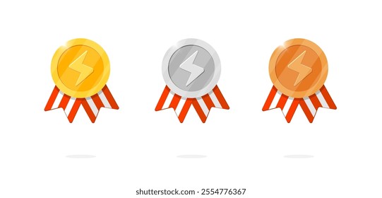 Gaming achievement award medal badges with shine lightning bolt symbol. Gold, silver, bronze ranking medallions. Video game app interface design element. Leader bonus and winner place icon collection