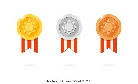 Gaming achievement medal badge set with ancient sun symbol and red striped ribbon. Gold, silver, bronze ranking medallion in ancient myth theme. Game leader bonus and winner place prize icon kit