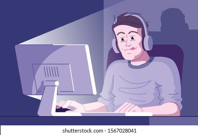 Gaming addiction flat vector illustration. Videogaming dependence. Computer entertainment obsession. Exhausted player with eyebags. Excited gamer playing online game at night cartoon character