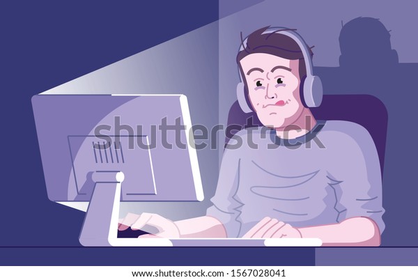 Gaming addiction flat vector illustration.
Videogaming dependence. Computer entertainment obsession. Exhausted
player with eyebags. Excited gamer playing online game at night
cartoon character