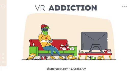 Gaming Addiction, Virtual Reality Simulation Hobby Landing Page Template. Man Gamer Character Playing Video Game in VR Goggles with Messy Garbage around, Entertainment. Linear Vector Illustration