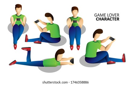Gaming anime character kids. Various positions when playing online games.Vector illustration