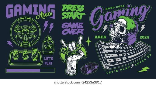 Gaming area set stickers colorful with car steering wheel from computer racing game and gamer skull near keyboard vector illustration