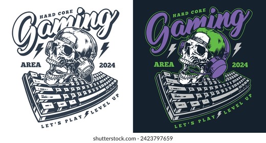 Gaming area vintage style flyer with gamer skull above keyboard to advertise esports tournament for professionals vector illustration