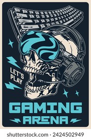 Gaming arena vintage flyer colorful skull of cyber athlete in VR glasses and headphones near keyboard vector illustration