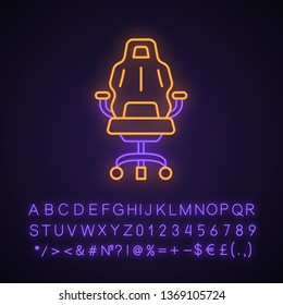 Gaming armchair neon light icon. Ergonomic chair. Esports equipment. Gaming comfortable environment. Glowing sign with alphabet, numbers and symbols. Vector isolated illustration