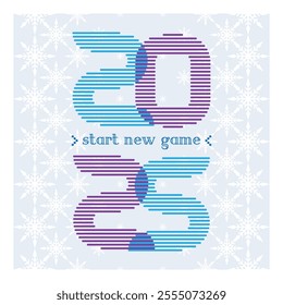 Gaming Art in Classic Arcade Style. Start New Game 2025: Colorful Line Typography with Retro Video Game Aesthetic. Modern Arcade Text Design with Striped Numbers and Classic Gaming Font. 