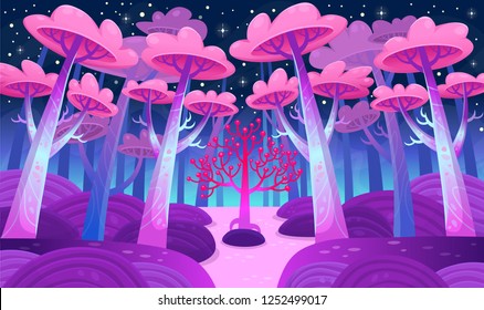 A gaming background, nature landscape. Night forest with magical trees and a lake. Cartoon style vector illustration.