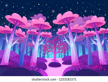 A gaming background, nature landscape. Night forest with magical trees and a lake. Cartoon style vector 