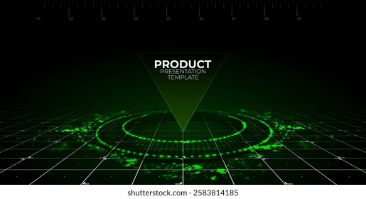 Gaming background for product presenation. Futuristic perspective wireframe with glowing ring on floor. Circle podium. Futuristic product stand template.