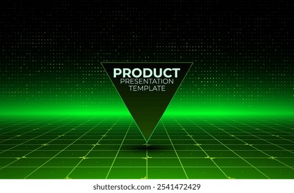 Gaming background for product presenation. Green digital grid flor with dotted wall. Futuristic perspective wireframe with grid line.