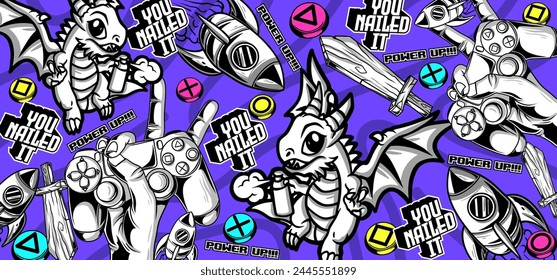 Gaming background vector and illustrations. Retro video game elements in graffiti style