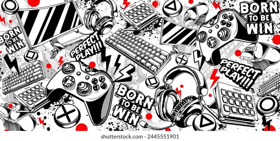 Gaming background vector and illustrations. Retro video game elements in graffiti style