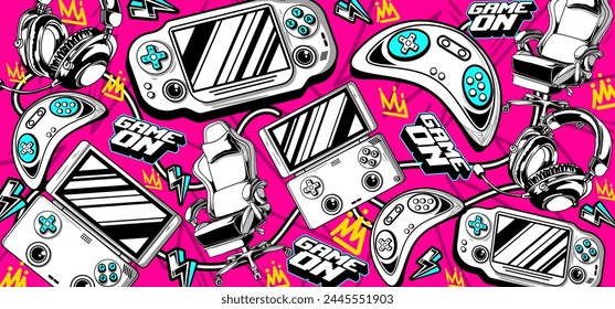 Gaming background vector and illustrations. Retro video game elements in graffiti style