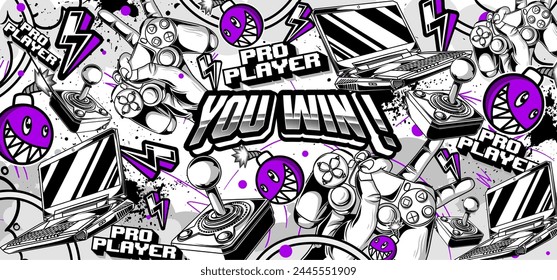 Gaming background vector and illustrations. Retro video game elements in graffiti style