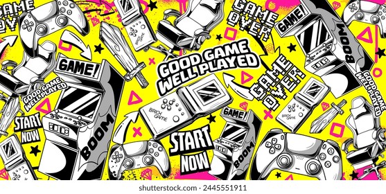 Gaming background vector and illustrations. Retro video game elements in graffiti style