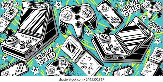 Gaming background vector and illustrations. Retro video game elements in graffiti style