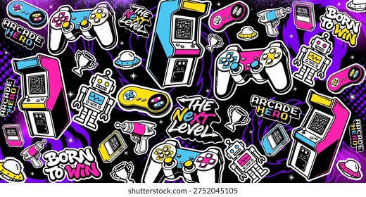 Gaming background vector and illustrations. Retro video game elements in graffiti style with neon colors.
