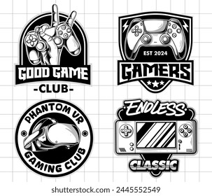 Gaming badge logo design set. Vintage monochrome game emblems illustrations