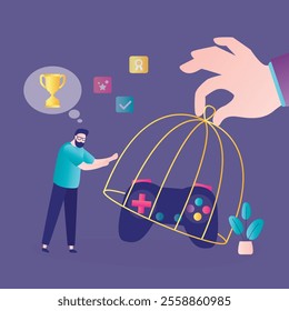 Gaming ban and restrictions. Hand holds the cage and covers the joystick. Addicted player wants to continue the video game. Stop gambling addiction. Account ban, denied access. vector illustration