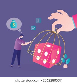 Gaming ban and restrictions. Hand holds the cage and covers giant dice. Addicted player wants to continue game. Stop gambling, casino addiction. Account ban, denied access. flat vector illustration