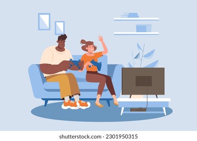 Gaming blue concept with people scene in the flat cartoon style. Young couple decided to relax and play games on x-box. Vector illustration.