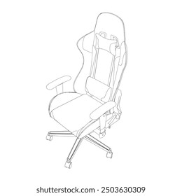 Gaming chair contour vector illustration. Drawing of computer chair, comfortable equipment for gaming isolated on white background. Furniture, gaming, comfort concept. Isometric view.