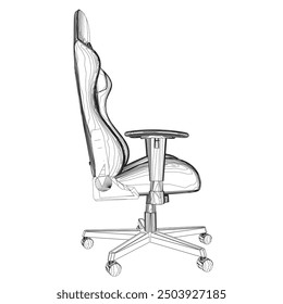 Gaming chair contour vector illustration. Drawing of computer chair, comfortable equipment for gaming isolated on white background. Furniture, gaming, comfort concept. Side view.