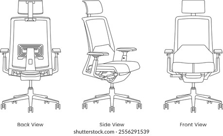 gaming chair line art drawing, color book, chair vector eps, commercial use, side view, chair front view, chair back view