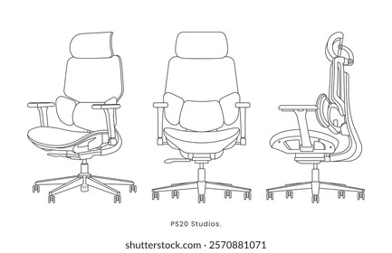 Gaming Chair Vector Drawing, Line art, Side View Front View, EPS