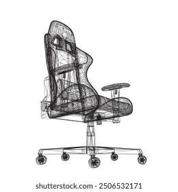 Gaming chair wireframe vector illustration. Drawing of computer chair, comfortable equipment for gaming isolated on white background. Furniture, gaming, comfort concept. 3D.