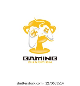 Gaming champion logo, game keypad controller and trophy vector icon