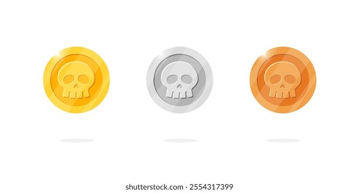 Gaming coin set with ancient currency theme. Gold, silver, bronze ranking medals adorned with skull motifs. Ideal for video game or app animations, embodying casino victories and cash treasure concept