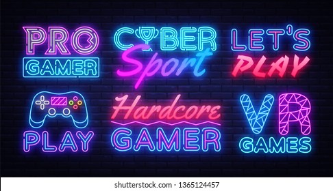 Gaming collection neon signs vector. Gamer design template concept. Neon banner background design, night symbol, modern trend design. Vectro Illustration