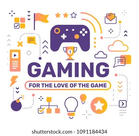 Gaming Color Concept With Joystick On White Background. Vector Creative Abstract Illustration With Title, Game Icon. Line Art Style Design For Web, Site, Banner