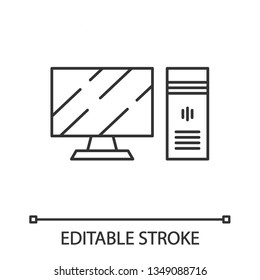 Gaming computer and monitor linear icon. Esports hardware. Video game devices. Desktop computer. Thin line illustration. Contour symbol. Vector isolated outline drawing. Editable stroke