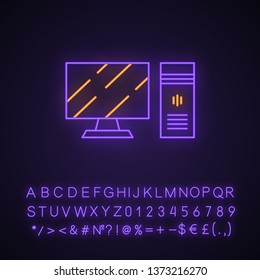 Gaming computer and monitor neon light icon. Esports hardware. Video game devices. Desktop computer. Glowing sign with alphabet, numbers and symbols. Vector isolated illustration