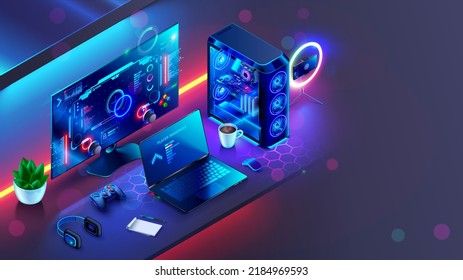 Gaming computer on desk in video gamer room with neon lights. Gaming PC monitor with abstract interface of computer game. Workstation of gaming streamer on table. Work station with neon cooler. Esport