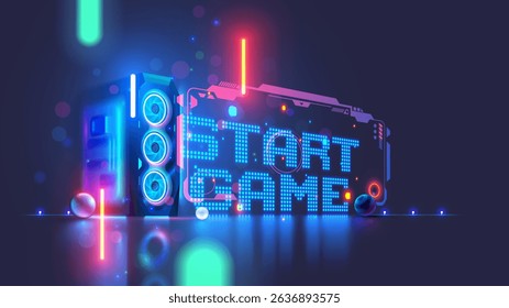 Gaming computer on the table with the inscription the start game in cyberspace. Desktop Gaming computer case or PC in neon light. Video game computer upgrade concept. Portal in video games world.