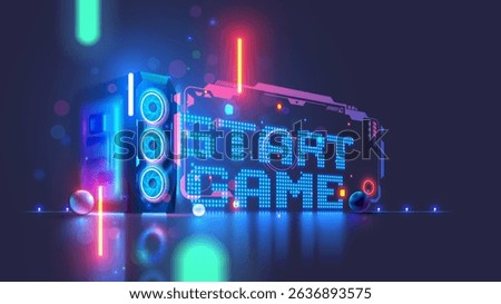 Gaming computer on the table with the inscription the start game in cyberspace. Desktop Gaming computer case or PC in neon light. Video game computer upgrade concept. Portal in video games world.