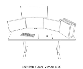 Configuração de computador para jogos com monitores duplos, teclado e CPU organizados simetricamente em estilo de esboço em modelo de estrutura de arame. O mouse está centralizado na mesa.