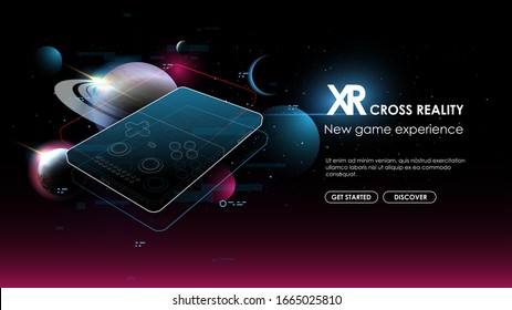 Gaming concept. Game over on portable console. Creative futuristic concept. Modern template for web and print. Cross reality concept.