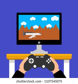Gaming concept. Man holding in hands gamepad and playing in racing videogame. Flat cartoon style. Vector illustration.