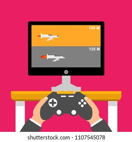 Gaming concept. Man holding in hands gamepad and playing in racing videogame. Flat cartoon style. Vector illustration.