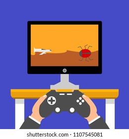 Gaming concept. Man holding in hands gamepad and playing in racing videogame. Flat cartoon style. Vector illustration.